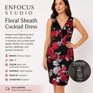 En Focus Studio Floral Sheath Dress Sz 10 Black Red Mesh Cutout V-Neck Cocktail